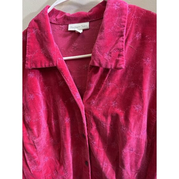 Northern Isles Womens Large Hot Pink Velvet Shacket Button Up Embroidered Cotton - Picture 2 of 8